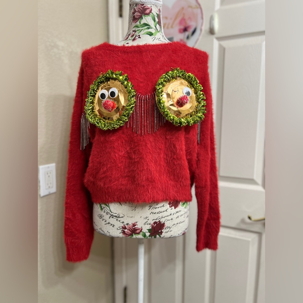 Chic Red Sweater with Festive Accents personalized